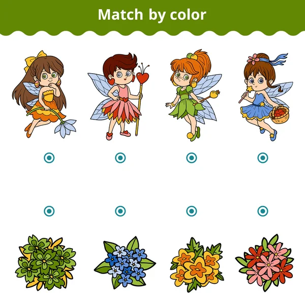 Matching game for children. Match by color, fairies and flowers — Stock Vector