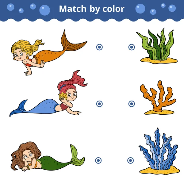 Matching game for children. Match by color, mermaids — Stock Vector