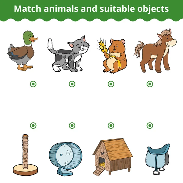 Matching game for children. Match animals and suitable objects — Stock Vector