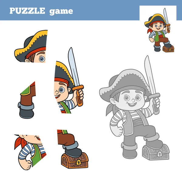 Игра с шайбой для детей, мальчик-пират и сундук казны — стоковый вектор