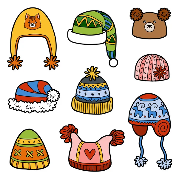 Ensemble vectoriel de différents chapeaux d'hiver avec animaux et motif géométrique — Image vectorielle
