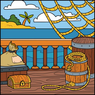 Vektör çizim, doğal arka plan. Gemiden denize ve tropikal bir ada için görüntüleyin