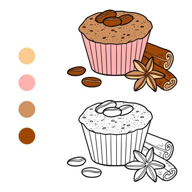 Boyama kitabı, kahve çekirdekleri ile vektör cupcake