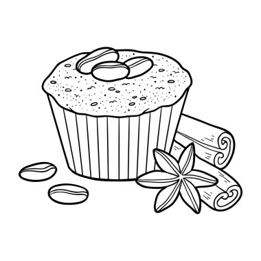 Boyama kitabı, kahve çekirdekleri ile vektör cupcake