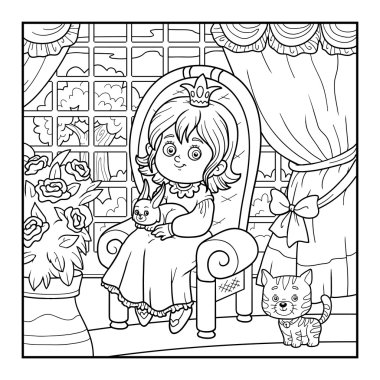Coloring book for children. Little princess sitting on a throne
