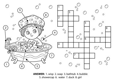 Vector colorless crossword. The girl takes a bath with foam