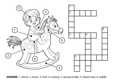 Vektör renksiz bulmaca. Sallanan bir atın üzerinde küçük çocuk