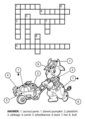Vector colorless crossword. Bull gardener with a wheelbarrow