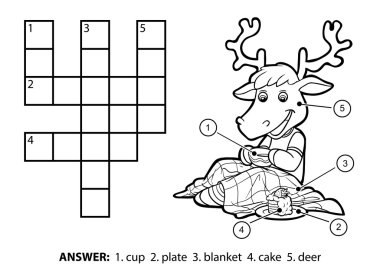 Vektör renksiz bulmaca. Geyik çay içmek ve kek yemek