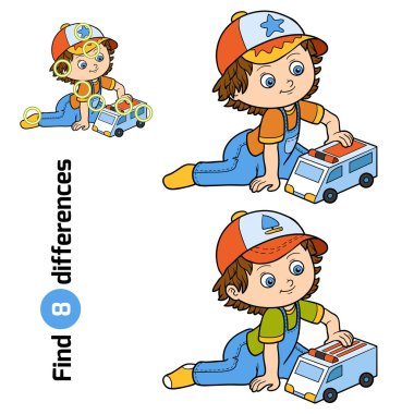 Farklılıkları bulun. Küçük çocuk ambulans arabasıyla oynuyor