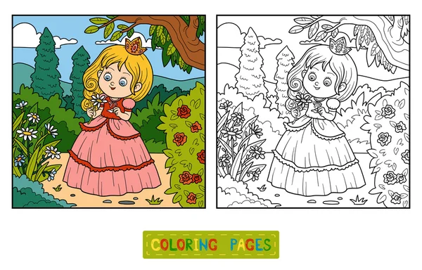 Livro para colorir, pequena princesa com uma flor no jardim —  Vetores de Stock