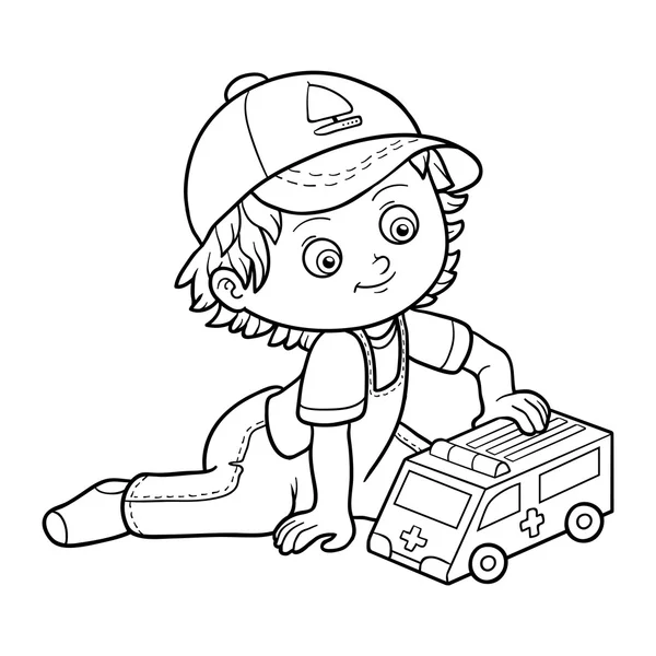 Coloring book. Little boy plays with ambulance car — Stock Vector