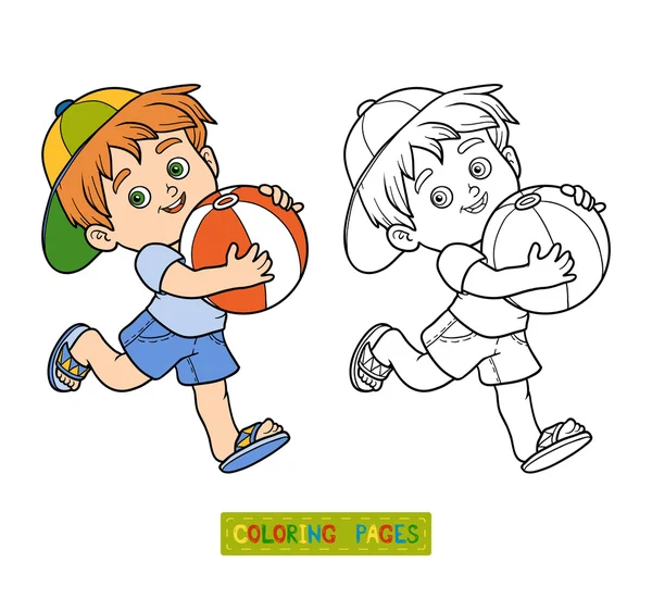 Libro para colorear para niños. Niño con la pelota — Vector de stock