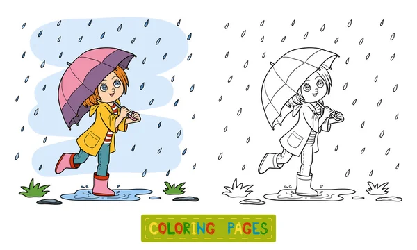 Kleurboek. Meisje met een paraplu in de regen — Stockvector