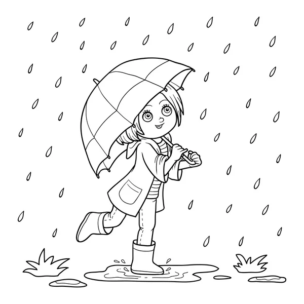Раскраска. Девушка бежит с зонтиком под дождем — стоковый вектор