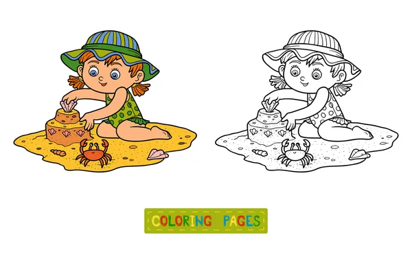 Libro para colorear para niños. Niña en la playa — Vector de stock