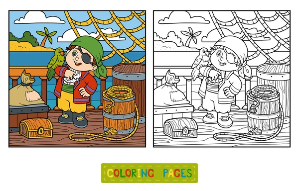 Χρωματίζοντας βιβλίο για τα παιδιά. Πειρατής στο κατάστρωμα του πλοίου — Διανυσματικό Αρχείο