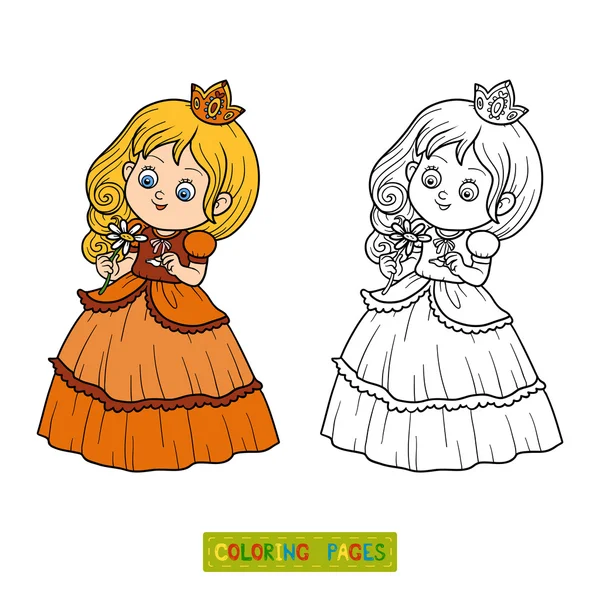 Livro para colorir, pequena princesa com uma flor —  Vetores de Stock