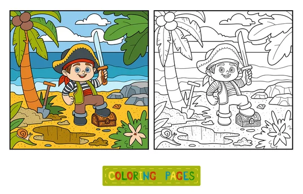 Libro para colorear. Pirata y cofre del tesoro en una isla tropical — Vector de stock