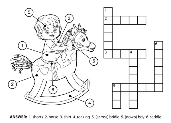 Кроссворд без цвета вектора. Маленький мальчик на качающейся лошади — стоковый вектор