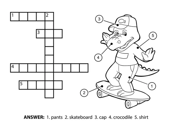 Vector colorless crossword. Cheerful crocodile on a skateboard — Stok Vektör