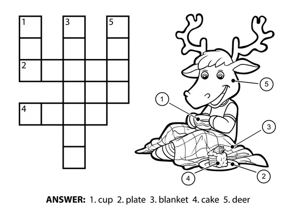 벡터 무색 크로스 워드 퍼즐. 차를 마시고 케이크를 먹는 사슴 — 스톡 벡터
