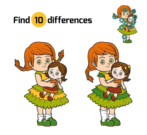 Βρείτε διαφορές. Μικρό κορίτσι με μια κούκλα στα χέρια — Διανυσματικό Αρχείο