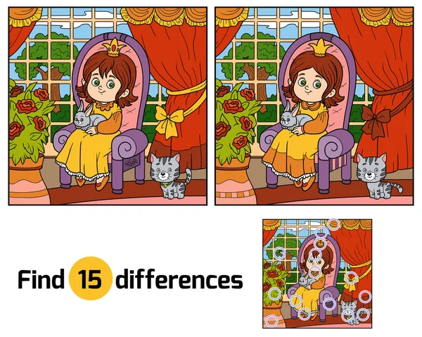 Trouver des différences pour les enfants. Petite princesse assise sur un trône — Image vectorielle