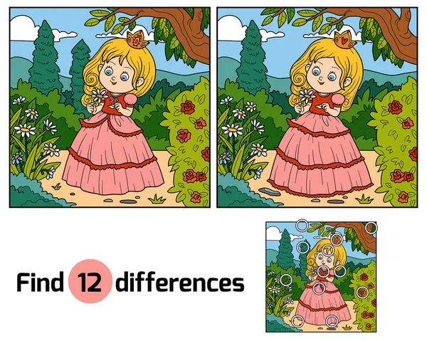 Encontre diferenças, pequena princesa com uma flor no jardim — Vetor de Stock