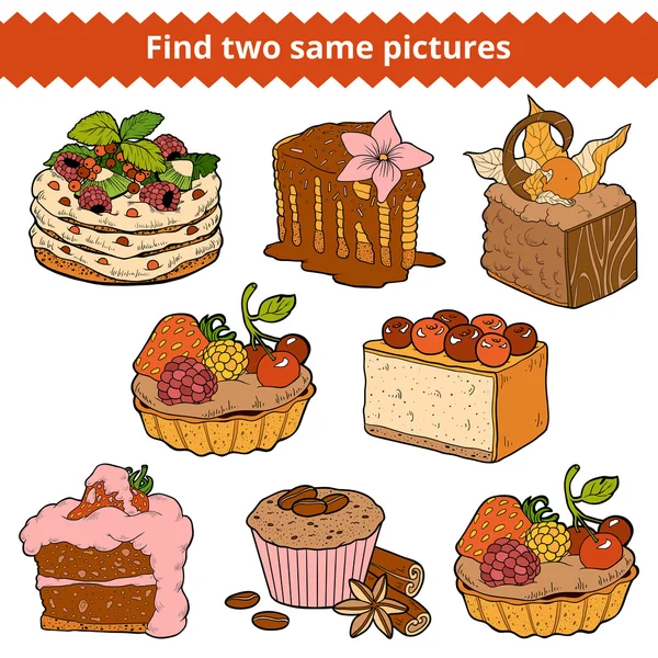 Encontre duas mesmas fotos. Conjunto de cores vetoriais de bolos e cupcakes — Vetor de Stock