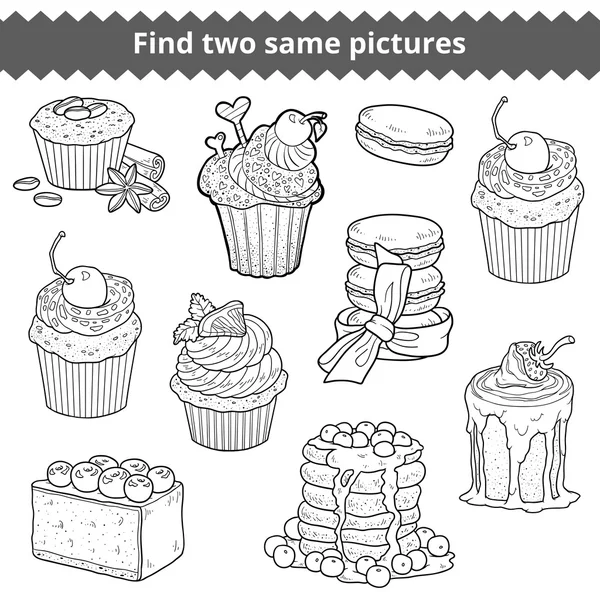 Finden Sie zwei gleiche Bilder. Vektor farblose Reihe von Kuchen und Cupcakes — Stockvektor