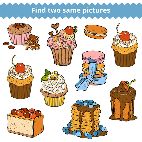 Найди две одинаковые фотографии. Векторный набор цветов тортов и кексов
