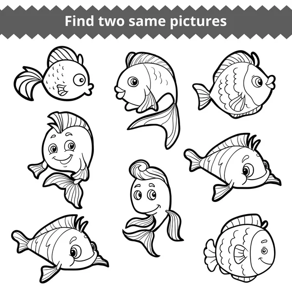 Find two same pictures. Vector black and white set of fishes — Stock Vector