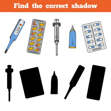 Find the correct shadow. Vector color set of medical items