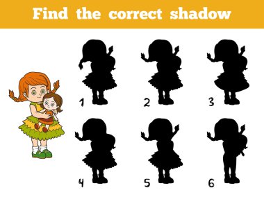 Find the correct shadow. Little girl with a doll in hands