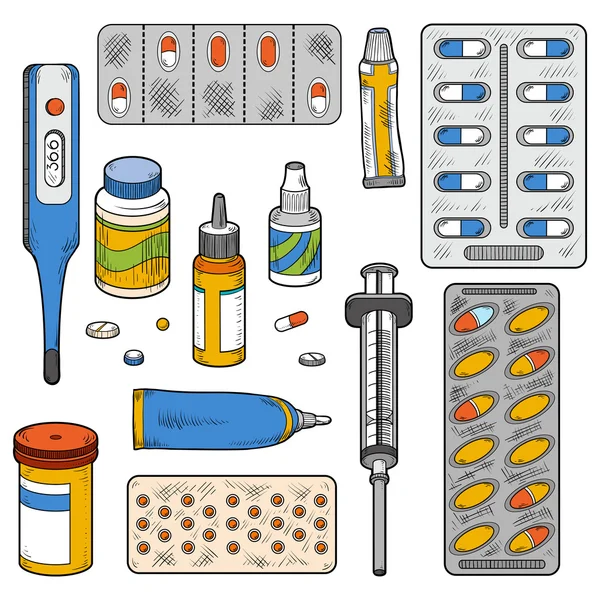 Vector de color conjunto de artículos médicos — Archivo Imágenes Vectoriales