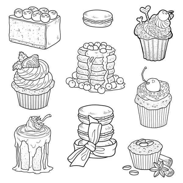 Černá a bílá kolekce sladkého pečiva. Dorty, koláčky a tvarohový koláč — Stockový vektor