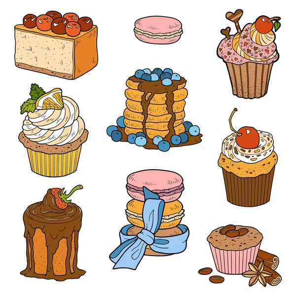 Színes gyűjteménye édes péksüteményeket tartalmaz. Sütemények és cupcakes, sajttorta — Stock Vector