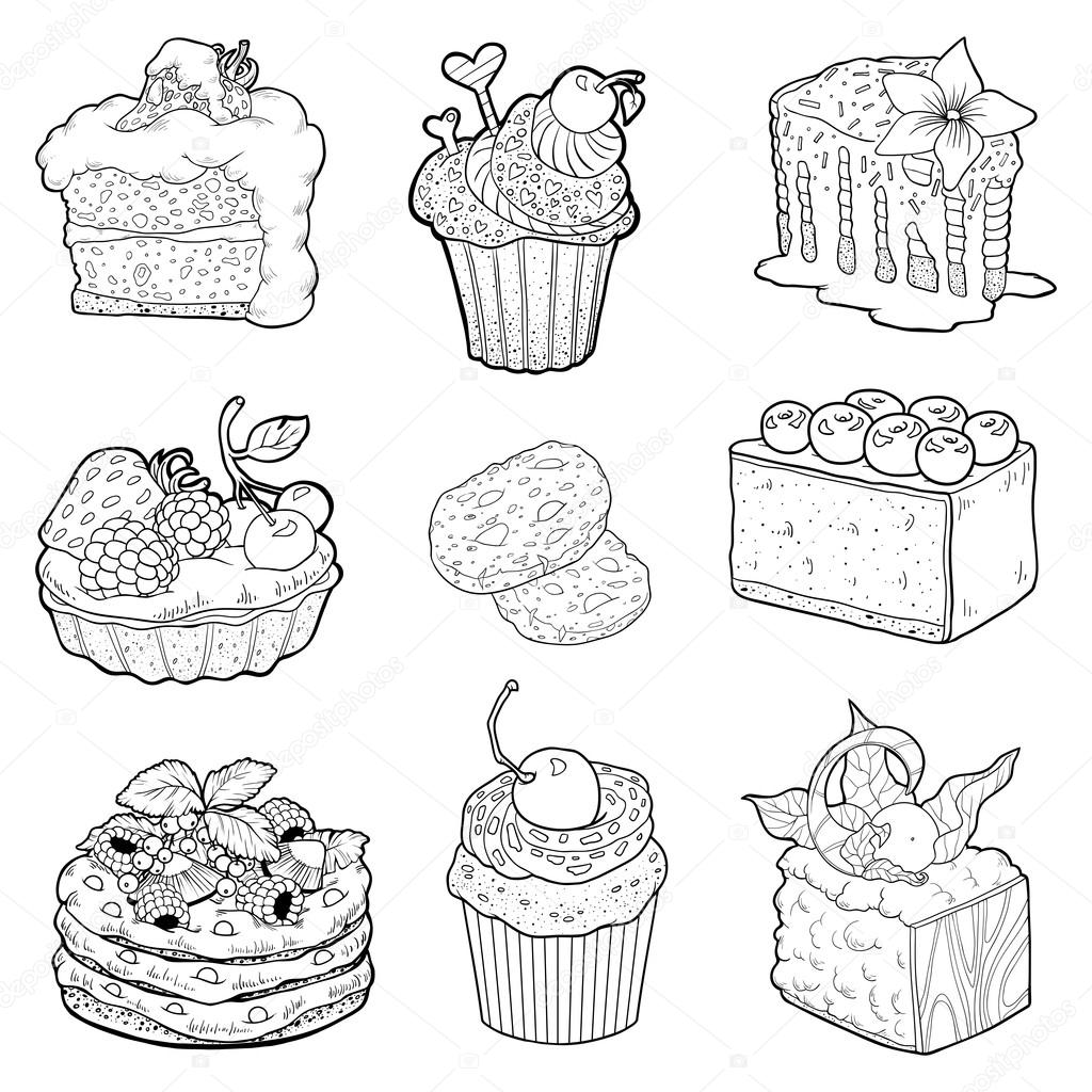 Black and white collection of sweet pastries. Cakes, cupcakes and