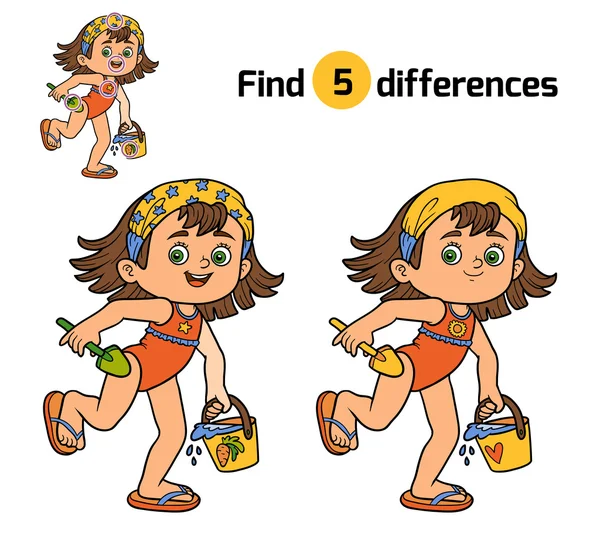 Encontre diferenças para as crianças. Menina na praia — Vetor de Stock