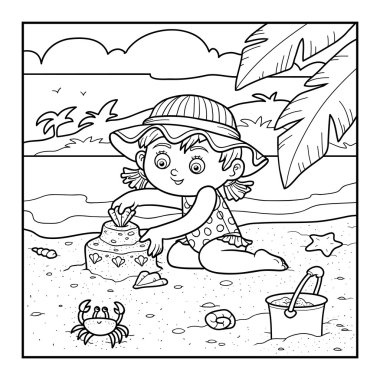 Çocuklar için boyama kitabı, kız Kumdan kale oluşturur.