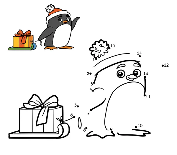 Numery gry dla dzieci. Pingwin i Boże Narodzenie prezent — Wektor stockowy