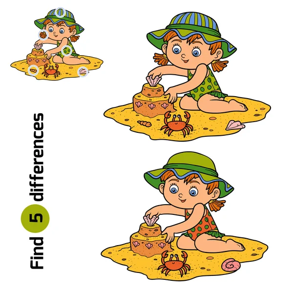 Find differences. Little girl builds a sand castle — Stock Vector