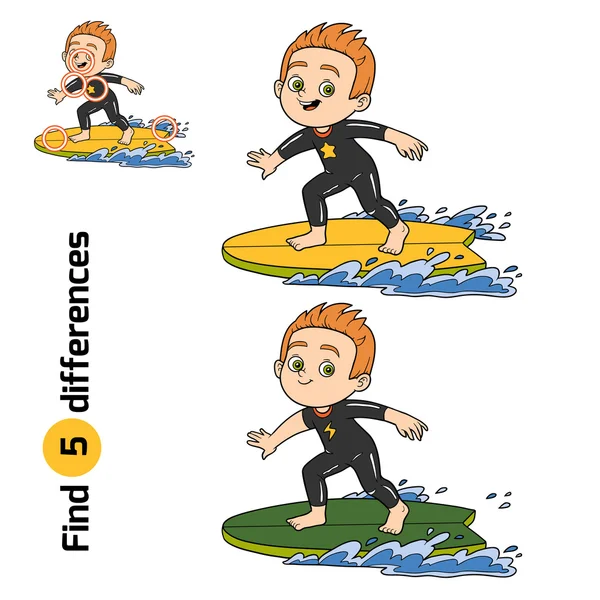 Encontrar diferencias, un chico montando un surf — Archivo Imágenes Vectoriales