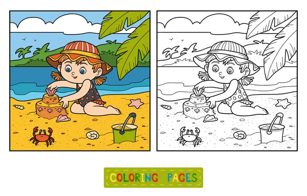 Libro para colorear para niños, niña construye un castillo de arena — Archivo Imágenes Vectoriales