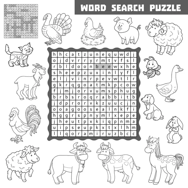 Vektor színtelen keresztrejtvény körülbelül tanya állatok. Word search puzzle — Stock Vector
