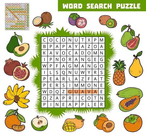 Crucigrama de color vectorial sobre frutas. Puzzle de búsqueda de palabras — Vector de stock