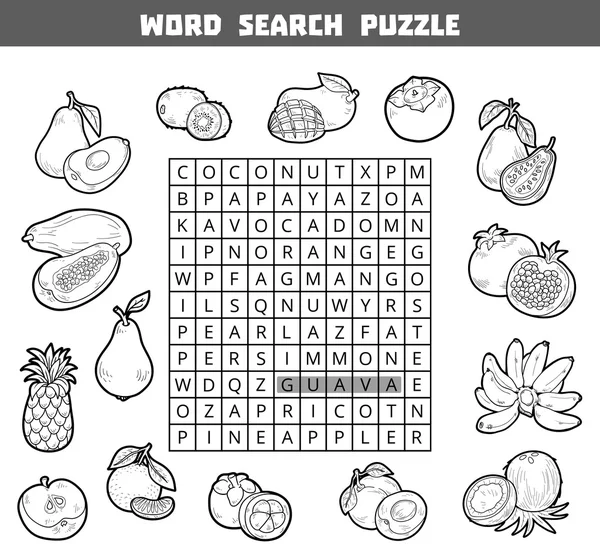 Crucigrama incoloro vectorial sobre frutas. Puzzle de búsqueda de palabras — Vector de stock