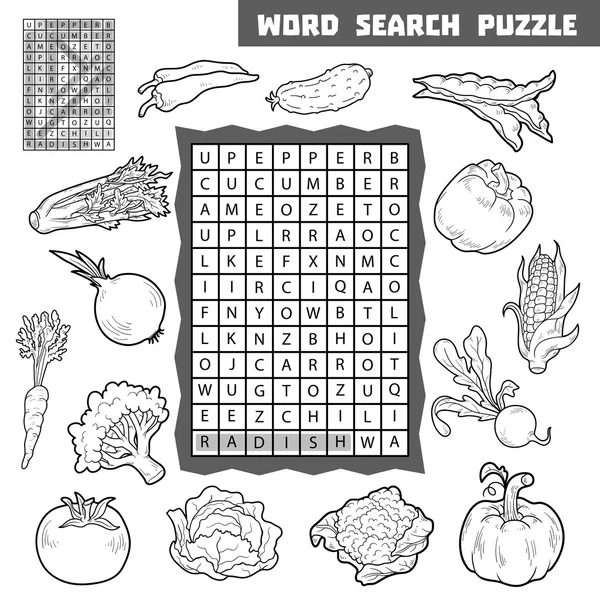 Crucigrama incoloro vectorial sobre verduras. Puzzle de búsqueda de palabras — Archivo Imágenes Vectoriales