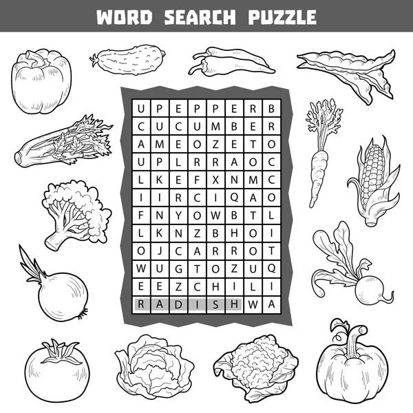Crucigrama incoloro vectorial sobre verduras. Puzzle de búsqueda de palabras — Archivo Imágenes Vectoriales